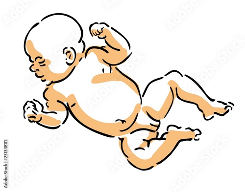 Newborn baby, probably a girl.  Stylized ink drawing. 