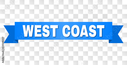 WEST COAST text on a ribbon. Designed with white caption and blue tape. Vector banner with WEST COAST tag on a transparent background.