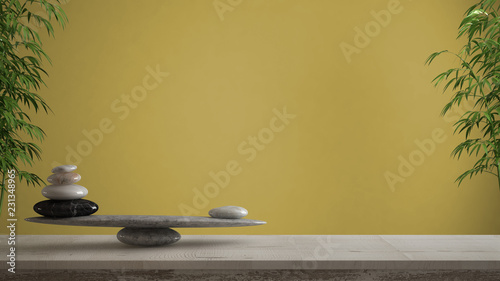 Empty interior design concept  feng shui  zen idea  wooden vintage table or shelf with marble stone balance over yellow background copy space