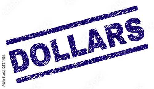 DOLLARS seal print with scratced style. Blue vector rubber print of DOLLARS text with unclean texture. Text tag is placed between parallel lines.