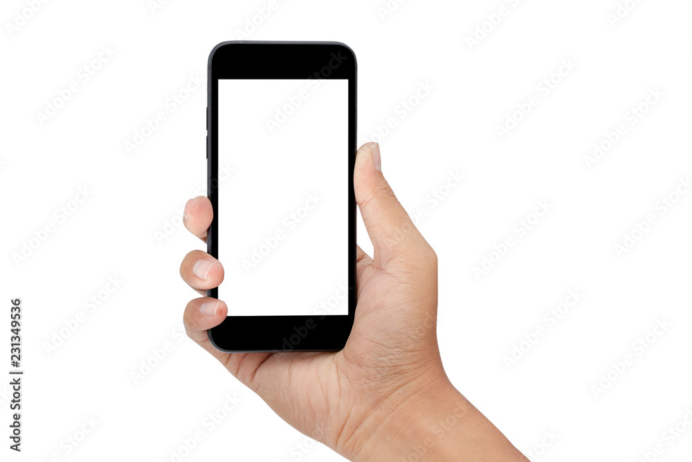 hand holding smartphone isolated on white background - clipping paths