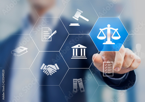Legal advice service concept with lawyer working for justice, law, business legislation, and paperwork expert consulting, icons with person in background photo