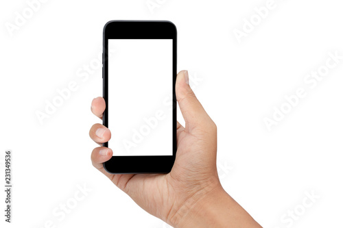 hand holding smartphone isolated on white background - clipping paths