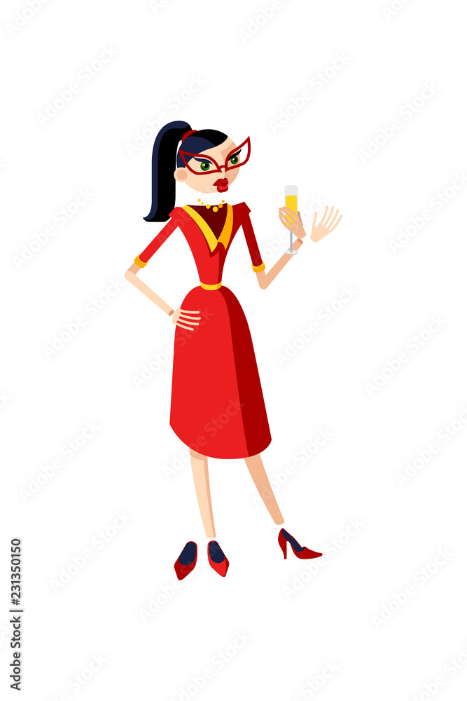 Businesswoman character in a red dress standing drinking white vine. Female character in a dress and high heeled shoes with a glass in her hand. Mascot for a business. Avatar for an office worker Businesswoman character in a red dress standing drinking white vine. Female character in a dress and high heeled shoes with a glass in her hand. Mascot for a business. Avatar for an office worker