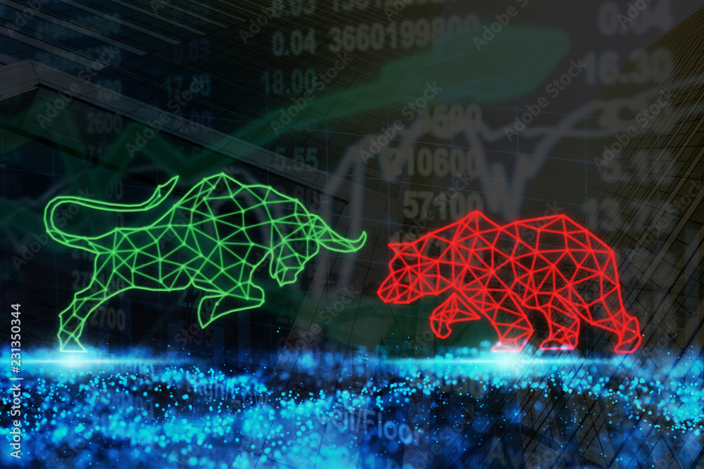 polygonal bull and bear shape writing by lines and dots over the Stock market chart with information over the Modern business building glass of skyscrapers, trading and finance investment concept - obrazy, fototapety, plakaty 