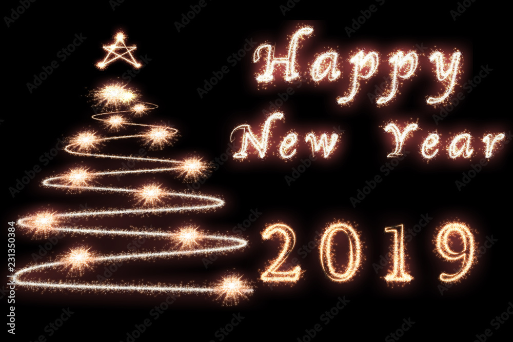 Happy new year 2019 and christmas tree written with Sparkle firework on dark background, celebration and greeting cards concept Happy new year 2019 and christmas tree written with Sparkle firework on dark background, celebration and greeting cards concept