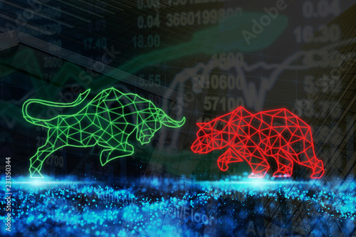polygonal bull and bear shape writing by lines and dots over the Stock market chart with information over the Modern business building glass of skyscrapers, trading and finance investment concept