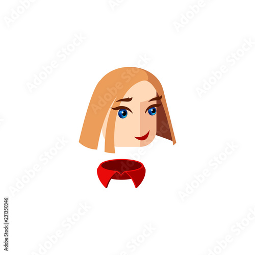 Fototapeta Naklejka Na Ścianę i Meble -  Girl character with blue eyes and red straight hair. Female character face with red collar. Mascot for a businesswoman. Avatar for a young woman. Face of a lady looking to the side, three quarters