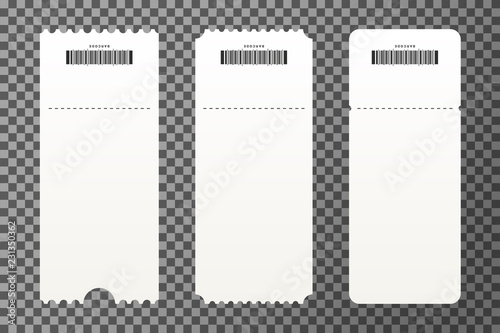 Set of empty ticket templates isolated on transparent background. Blank tickets mockup for entrance to the concert
