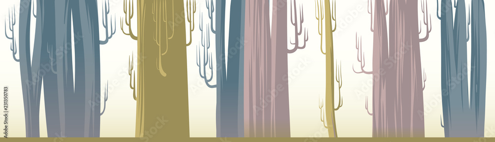 A set of big trees for bakgrounds. An illustration of huge leafless trees in ochre, dust pink and blue colors. A tall forest for animation BG. Flat baobabs for landscape woods themed designs. A set of big trees for bakgrounds. An illustration of huge leafless trees in ochre, dust pink and blue colors. A tall forest for animation BG. Flat baobabs for landscape woods themed designs.