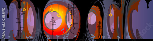 Illustration of strange stylized cave with semi circular columns, stick trees, lights and grasses. Horizontal image of a cave for animation or game background. Cave landscape with funky trees.