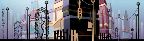 Illustration of strange stylized city with tall buildings, curly trees, lanterns, fences and a street light. Urban landscape with funky buildings for animation or game background.