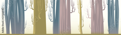 A set of big trees for bakgrounds. An illustration of huge leafless trees in ochre, dust pink and blue colors. A tall forest for animation BG. Flat baobabs for landscape woods themed designs.