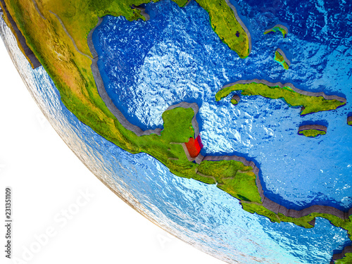 Belize on model of Earth with country borders and blue oceans with waves.
