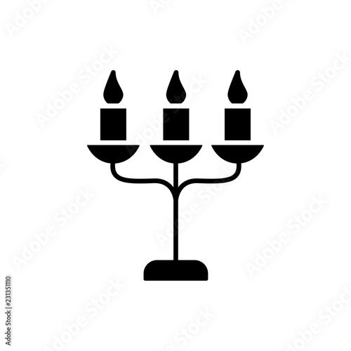 Black & white vector illustration of vintage candelabra table lamp. Flat icon of canlestick desk light fixture. Home illumination. Isolated on white background