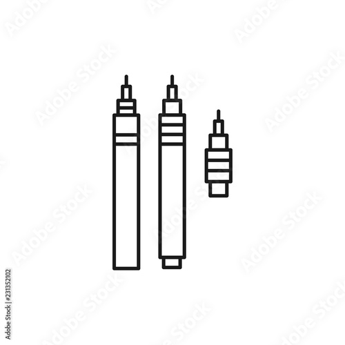 Black & white vector illustration of fineliner pens. Line icon of ink liners for architect, drafter, draftsman. Technical & mechanical drawing tool. Isolated object
