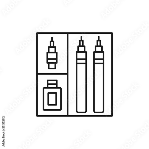 Black & white vector illustration of fineliner pen kit. Line icon of ink liner set for architect, drafter, engineer. Technical & mechanical drawing tool. Isolated object