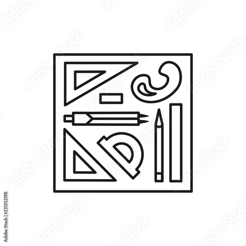 Black & white vector illustration of drafting kit with ruler, pencil, triange, compass divider. Line icon of instruments for architect, drafter. Technical & mechanical drawing tools. Isolated object
