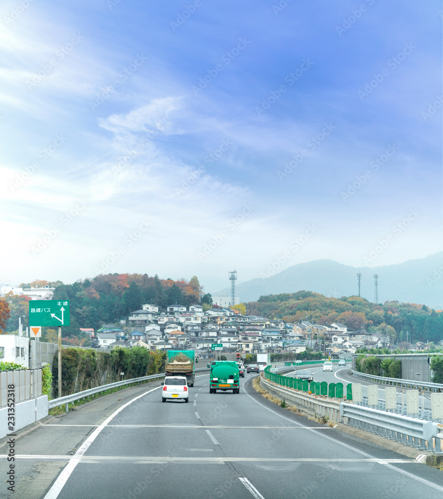 Fototapeta premium autumn colorful of Japan, maple leaves change color tree on the express highway road, road to yamanashi, japan