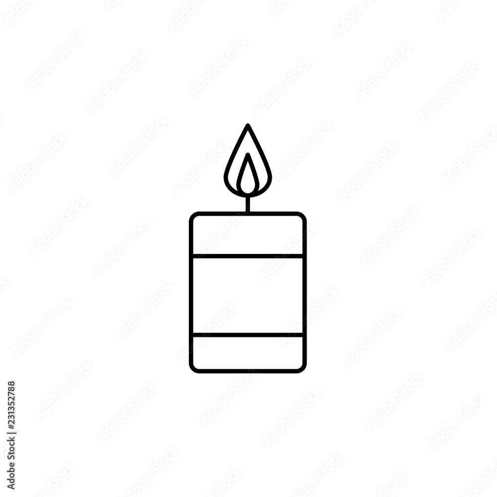 Black & white vector illustration of burning candle.  Line icon of interior design product. Decorative accessory. Aromatherapy element. Isolated on white background.