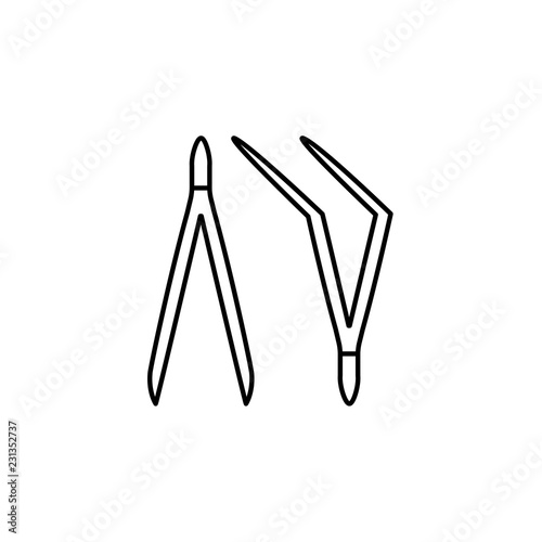 Black & white vector illustration of tweezers set. Line icon of different pincers. Tool for beauty salon, handicraft projects, decoupage, scrapbook. Isolated on white background
