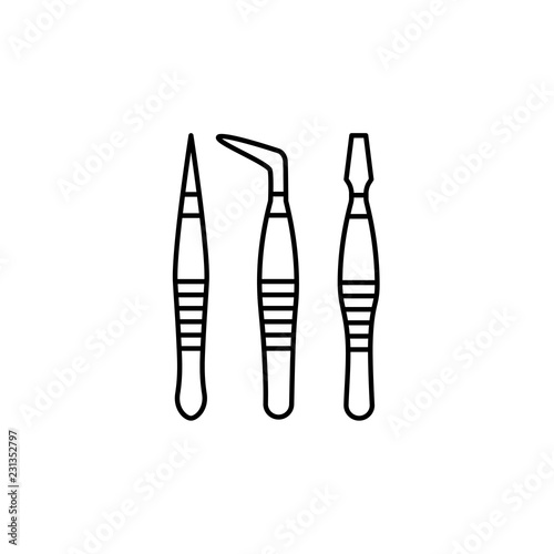Black & white vector illustration of tweezers set. Line icon of different pincers. Tool for beauty salon, handicraft projects, decoupage, scrapbook. Isolated on white background