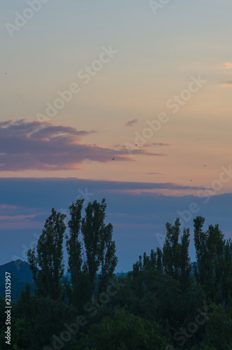 Landscape with dramatic light - beautiful golden sunset with saturated sky and clouds.