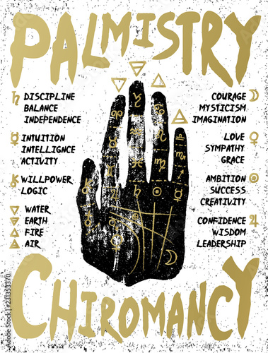 Palmistry, chiromancy - black hand on a white textured background.