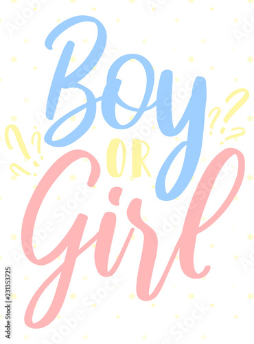 Invitation card template with a multi-colored inscription. Boy or girl on a background of yellow dots. Vector illustration for Gender reveal party. Ð¡oncept of holiday, pregnancy, motherhood