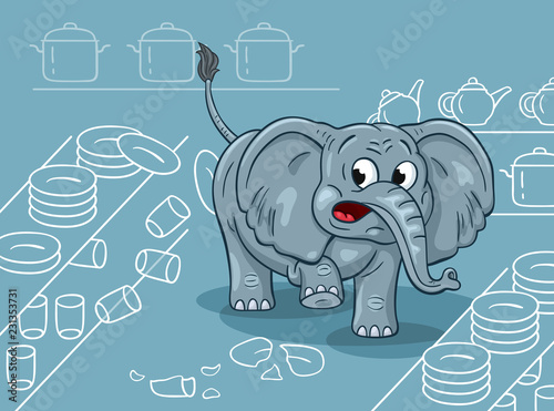 Cartoon illustration of a clumsy elephant in a china shop