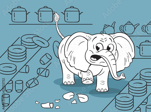 Cartoon  illustration of a funny clumsy elephant in a china shop photo