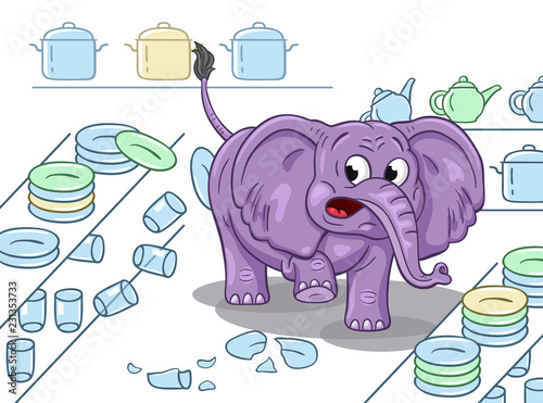 Cartoon illustration of a clumsy elephant in a china shop. On white background