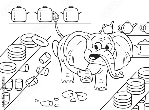 Black and white illustration of a cartoon clumsy elephant in a china shop