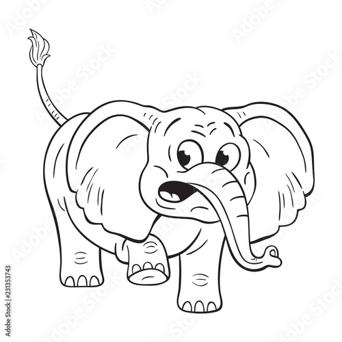 Black and white illustration of  a funny cartoon elephant