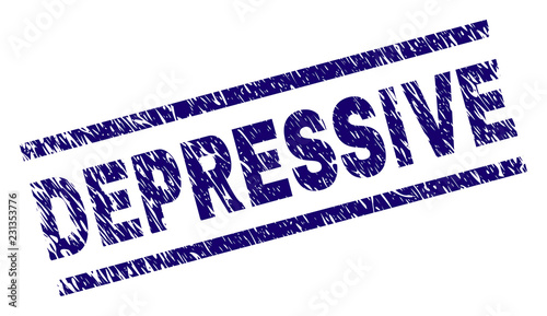 DEPRESSIVE seal print with grunge style. Blue vector rubber print of DEPRESSIVE label with retro texture. Text label is placed between parallel lines.