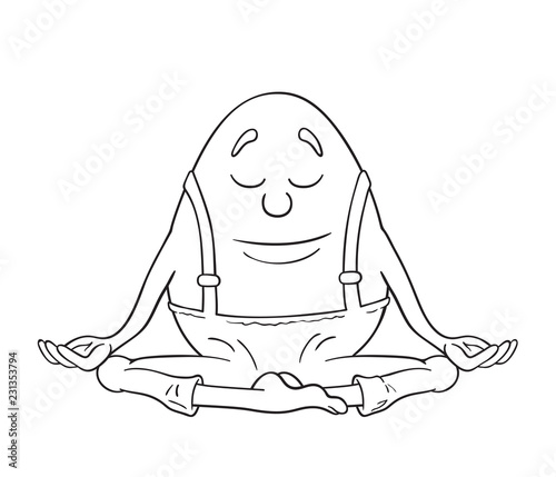 Black and white illustration of a cartoon Humpty Dumpty egg sitting with closed eyes in deep meditation state