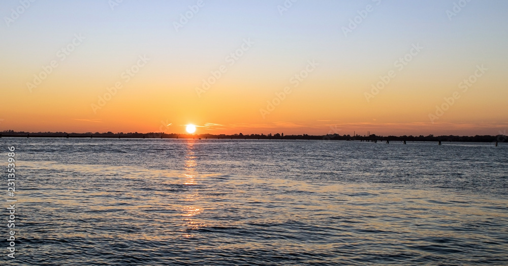 Dawn in the lagoon of Venice,Italy,2 November 2018,beautiful landscape of the Venetian lagoon at dawn, autumn morning