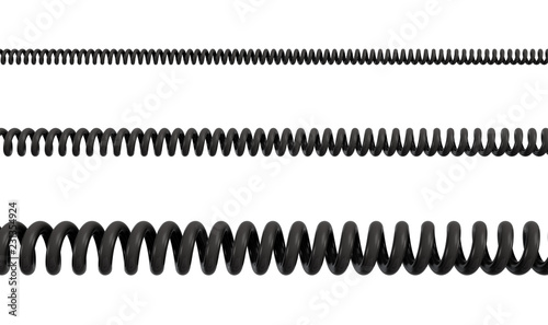 3d rendering of three differently sized spiral cables from black PVC on a white background.