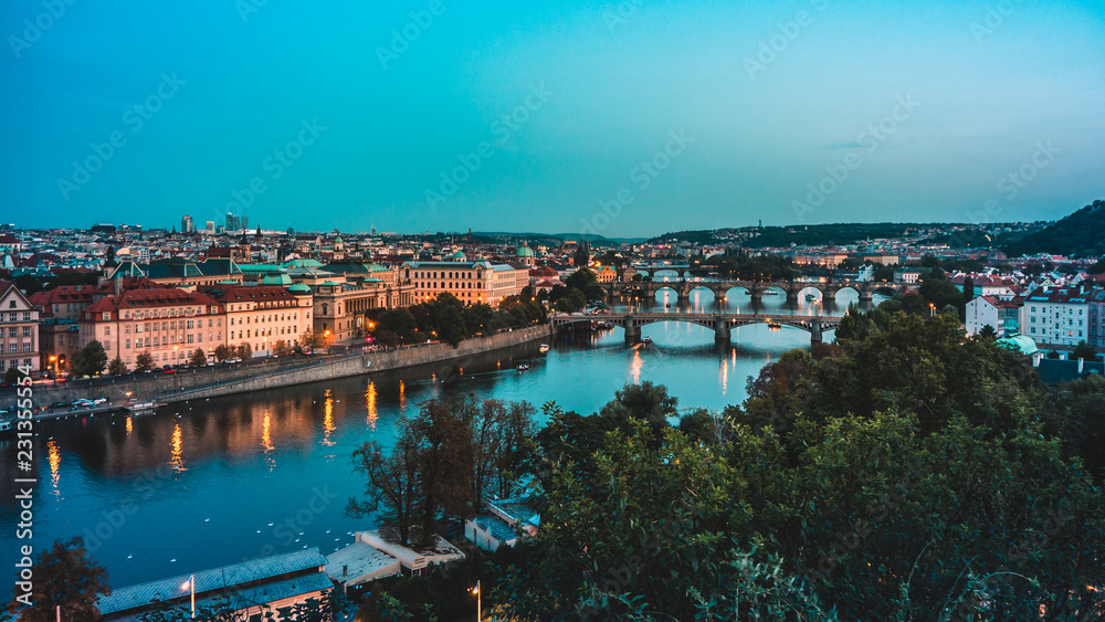 Prague view from above with Vltava river