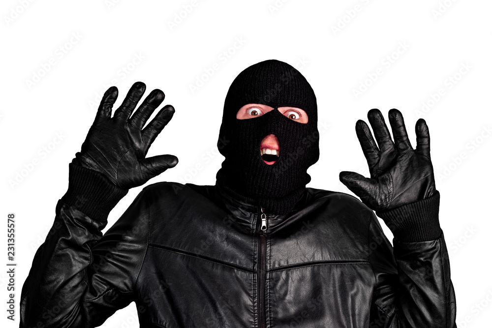 Arrested masked thief with raised arms isolated on white background Stock  Photo | Adobe Stock