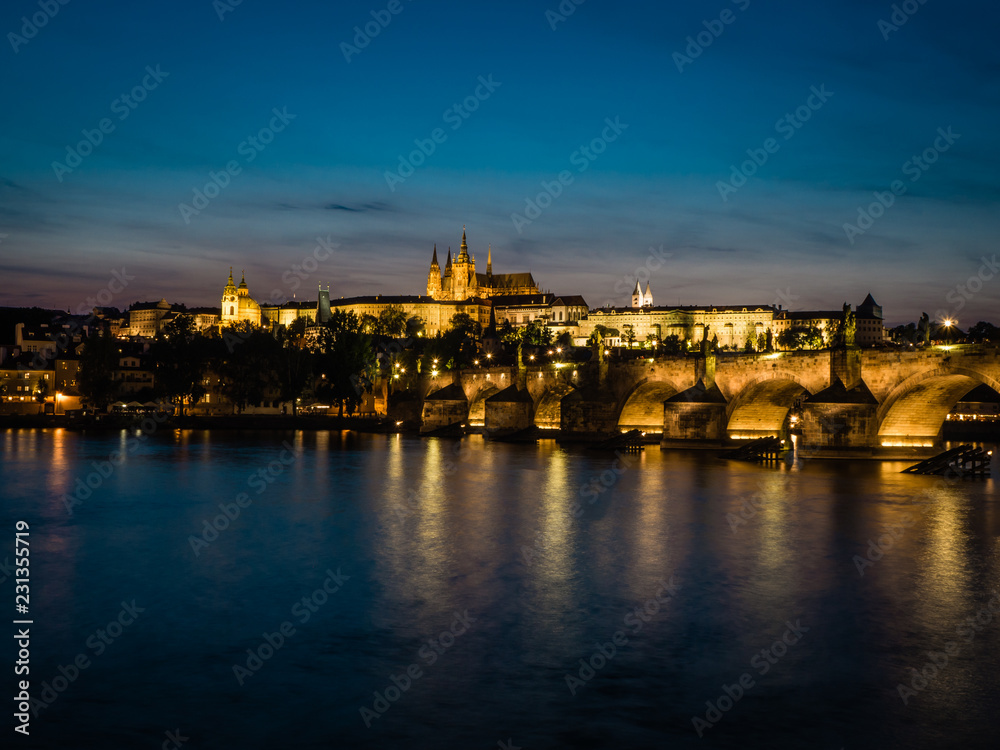 Prague castle and Charles bridge in summer night