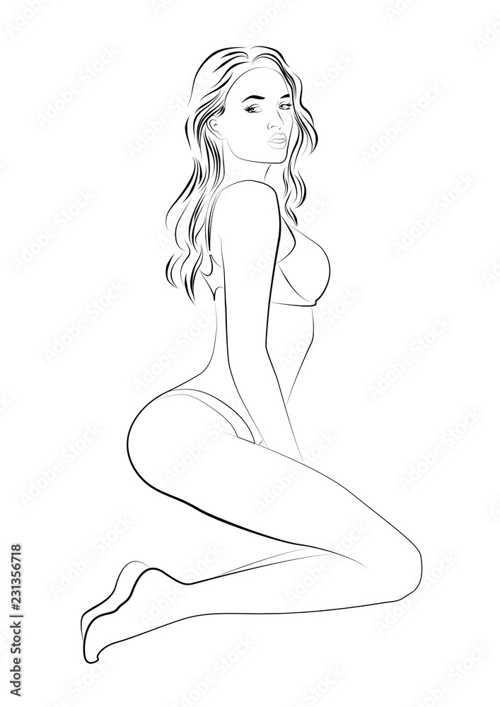 Girl in underwear sticker, black outline sketch line. Vector illustration Girl in underwear sticker, black outline sketch line. Vector illustration