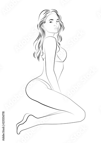 Girl in underwear sticker, black outline sketch line. Vector illustration