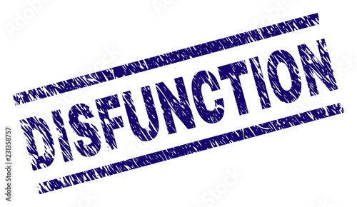 DISFUNCTION seal print with grunge style. Blue vector rubber print of DISFUNCTION caption with unclean texture. Text caption is placed between parallel lines.