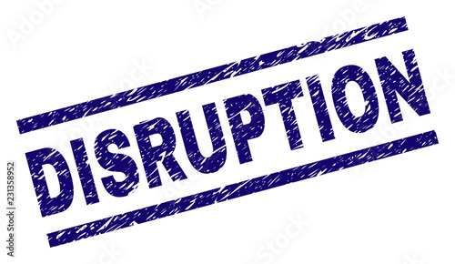 DISRUPTION seal print with distress style. Blue vector rubber print of DISRUPTION caption with dirty texture. Text caption is placed between parallel lines.