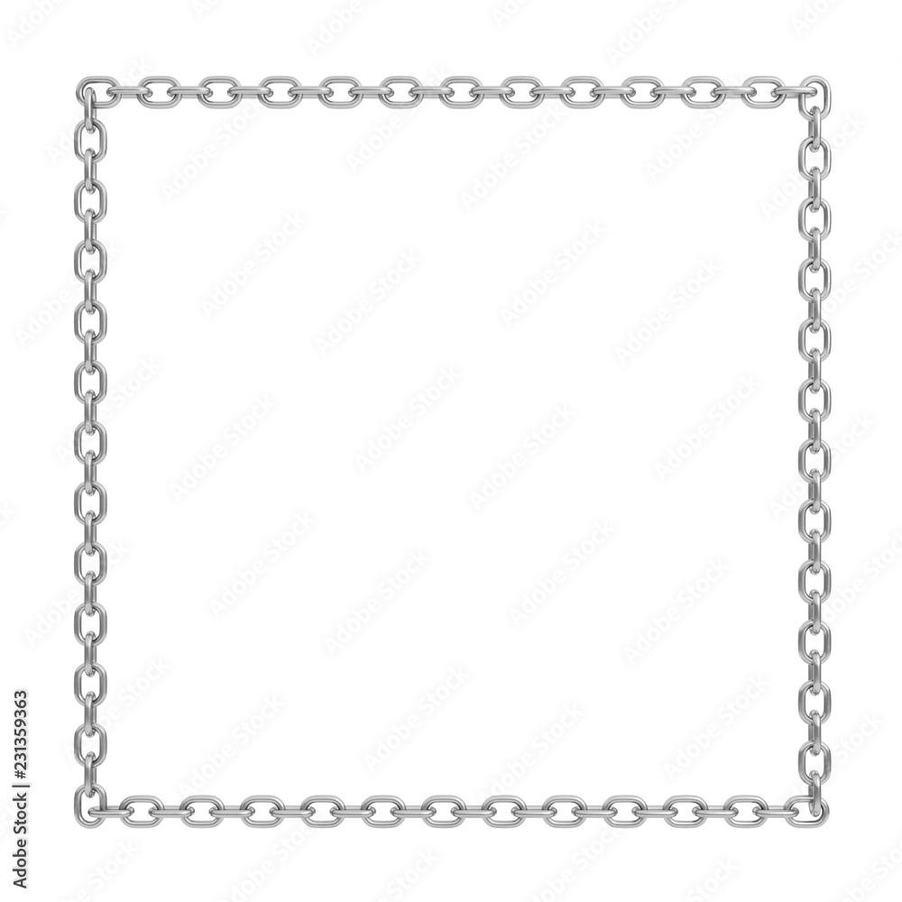 3d rendering of an polished steel chain lying on a white background in a shape of a large square.