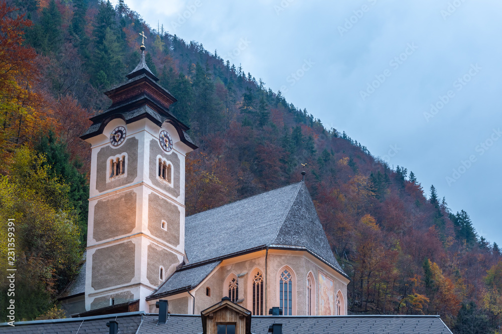 Church at night, Hallstatt, Austria.