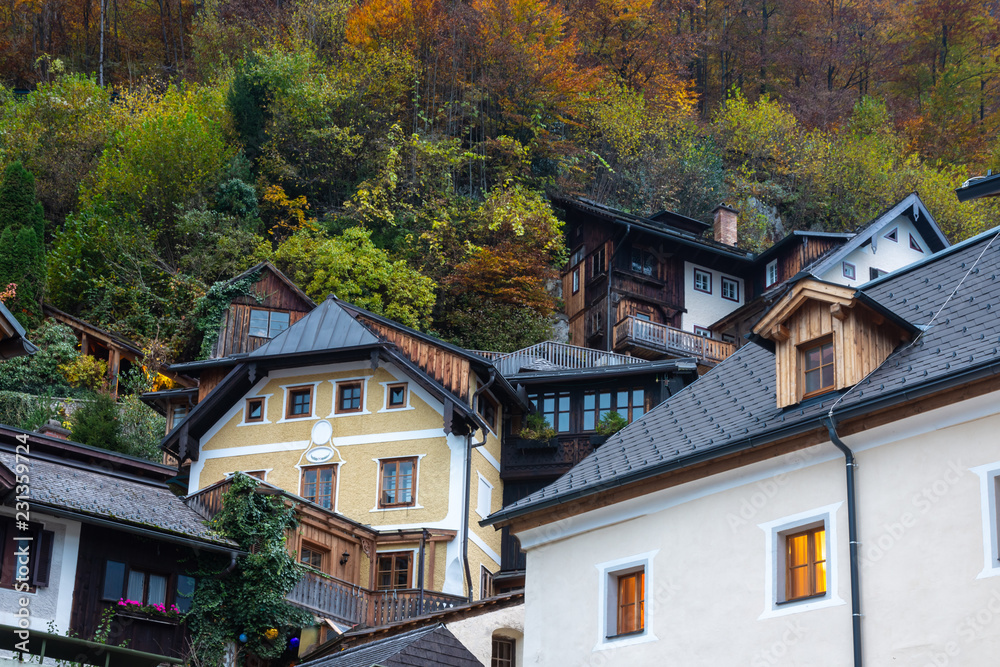 View of the Hallstatt from lake Hallstater See, Hallstatt village in Alps at dusk, Austria