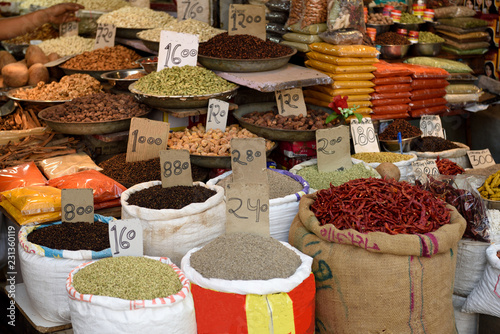An assortment of fresh dried fruits, nuts, seeds and spices in the Khari Baoli spice market in Old Delhi, India.