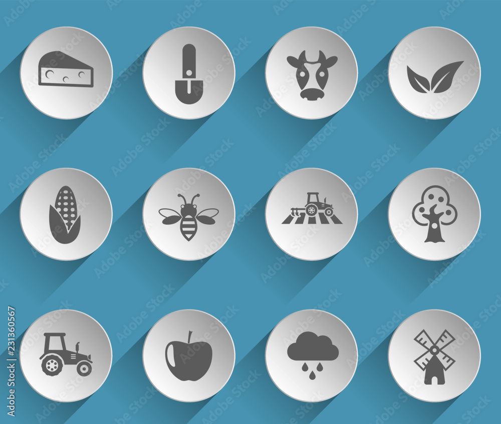 agriculture web icons on light paper circles